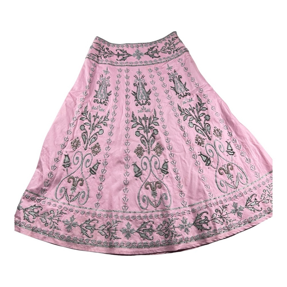 Basil & Maude Anthropologie Pink Hand Bali Boho Skirt Size 8 Elegant Embroidered - Picture 2 of 13